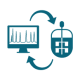 Icon for model predictive control for improved product quality - a computer screen with a line graph and the cell culture icon with arrows going between them in a circular fashion